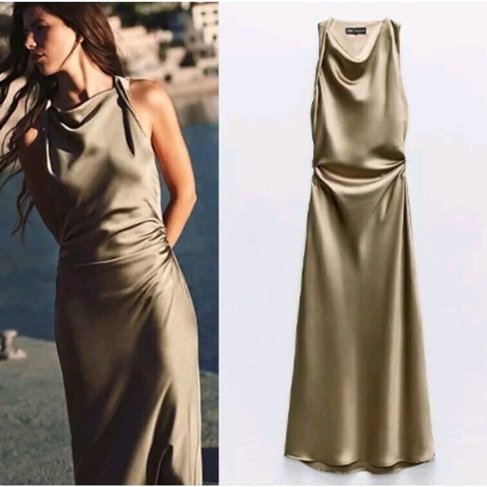 Zara Olive Green Satin Maxi Dress
